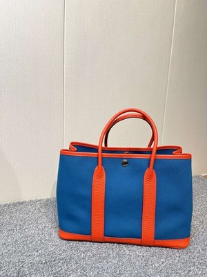 Hermes Garden Party 30 Orange Canvas Blue U Stamp Top Handle Bag