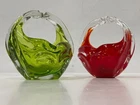 Lot of 2 Vintage Green & Red Murano Style Glass Basket Art Deco