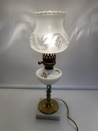 Vintage Hand Painted Milk Glass and Brass Table Lamp Marble Base Satin Shade