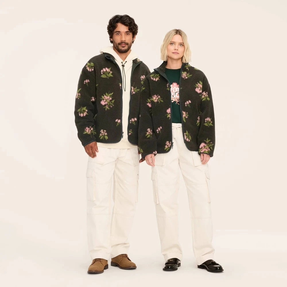 Woolrich x Target Fleece Jacket Unisex 2XL Olive Green Floral Long Sleeve Zip Up
