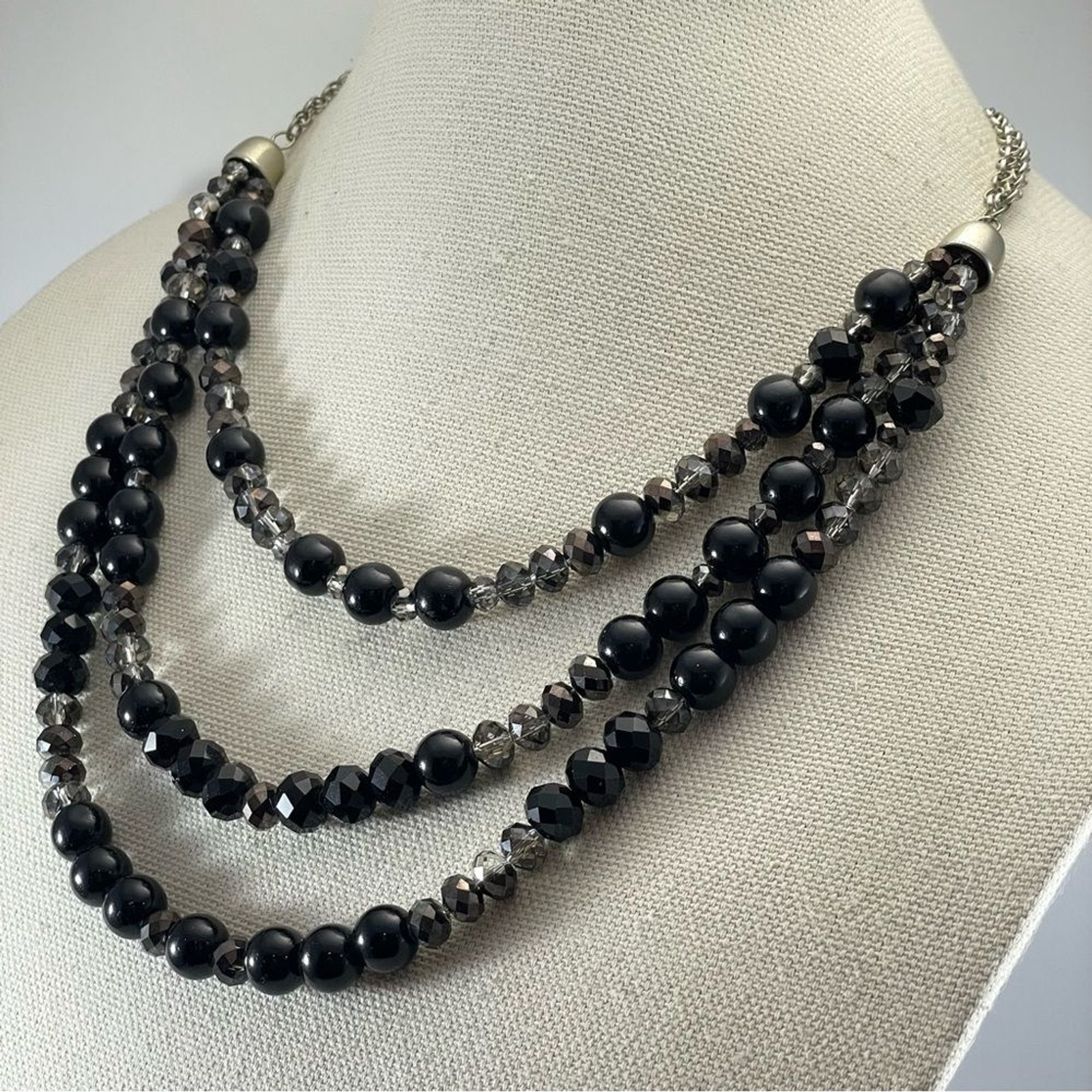 Stunning Unsigned Silver Black Beaded Rondelle Gl… - image 3