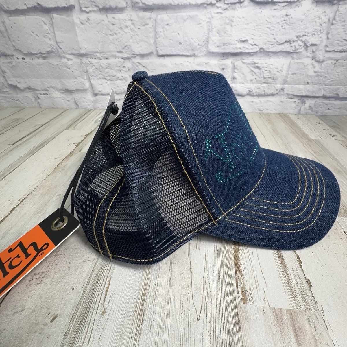 Von Dutch Navy Rhinestone Logo Denim Trucker Hat MSRP89 Von Dutch Bling Trucker Hat – DTLR main image 3