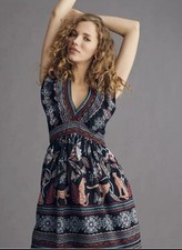 New Anthropologie V-Neck Plunge Tunic Mini Dress SMALL Animal Geo Black