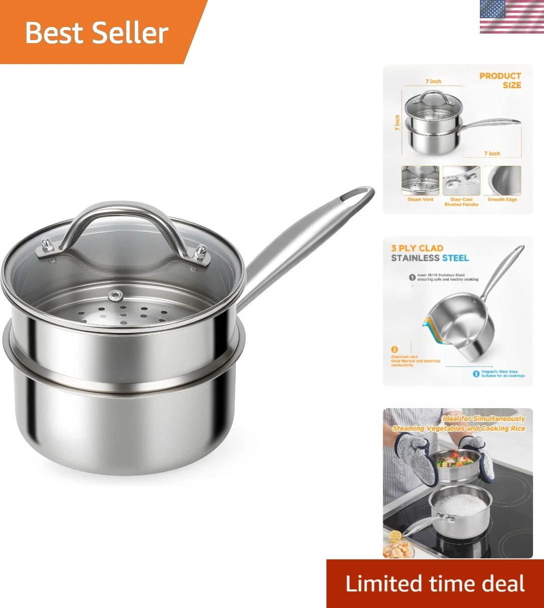 Stainless Steel Sauce Pan - Tri-Ply 1.5 Quarts Steamer for Cooking, Small Coo...