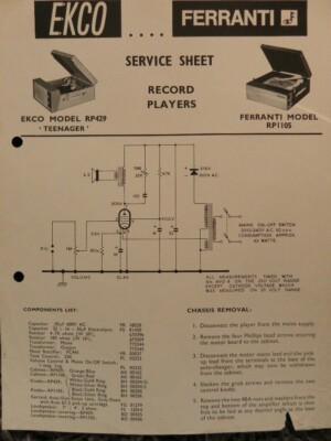Ferranti Model 1105 Ekco RP429 Record players Service manual