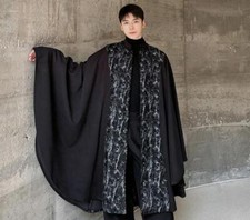 Men's Fashion Winter Round Collar Long Sleeve Loose Warm Printed Wool Cape Coat