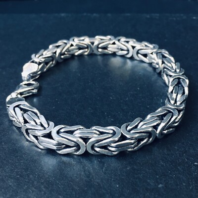Silver Byzantine Bracelet Solid 7x7mm Chain 925 Sterling Classic