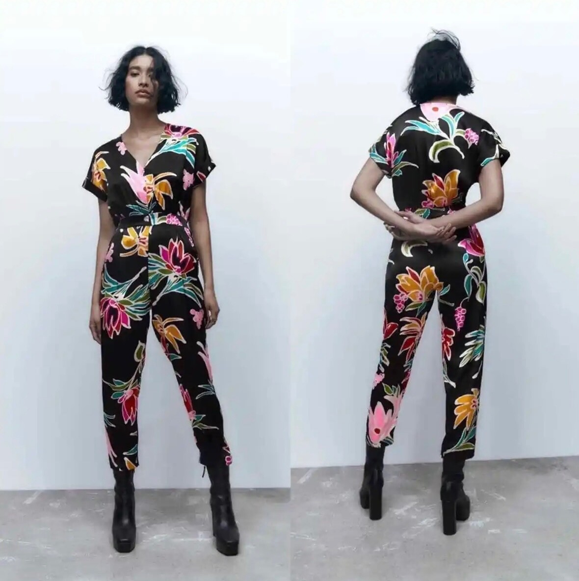 ZARA Tropical Floral Jumpsuit Satin Resortwear Vacation Cropped Resort  X-Small