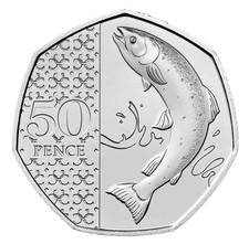 2025 SALMON FIFTY 50 PENCE COIN BRILLIANT UNCIRCULATED BU COIN IN HAND