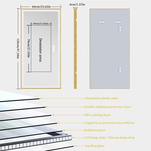 Large LED Bathroom Wall Mirror Gold Frame Demister Touch Control Anti-fog Mirror - Picture 21 of 22