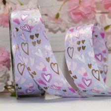 50 Yard Valentine Pink Gold White Hearts on Lavender Flora Satin Ribbon 1.25"W