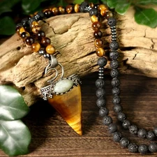 Natural Lava Rocks Tiger Eye Beaded Arrow Charm Meditation Healing Mala Necklace