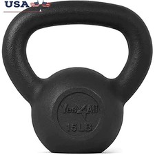 Solid Cast Iron Kettlebell 15lbs Flat Bottom Stability Strength Training Fitness