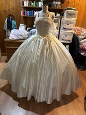 Ivory Satin Ball Gown Wedding Dress Embroidered Bodice Bow Cap Sleeve Corset