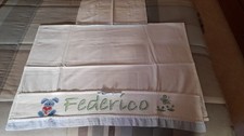 LENZUOLINO & FEDERA X CARROZZINA,RICAMATA A MANO: NOME:FEDERICO,CONIGLIO & FIORI