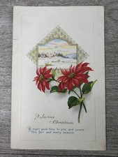 Vintage Christmas Postcard Embossed Poinsettia Snow Village Scene Made in USA
