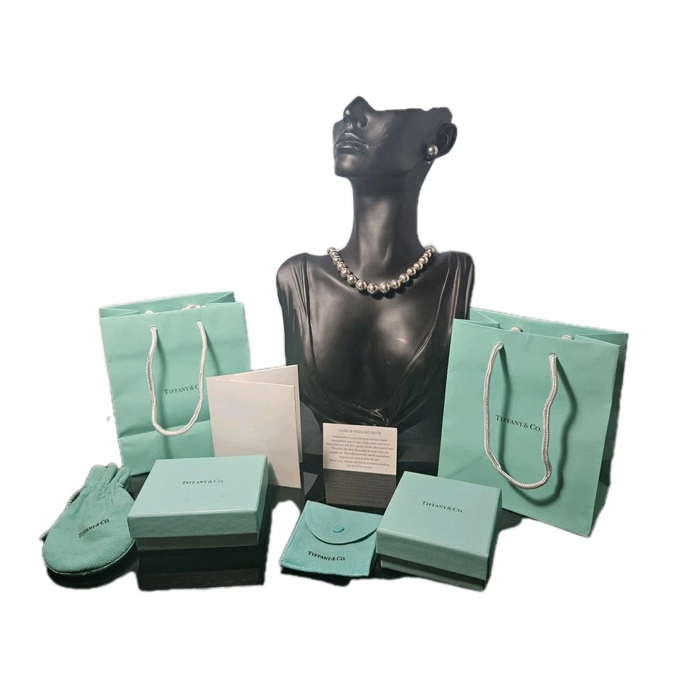 Tiffany & Co. Sterling 925 Graduated Beaded Necklace & Earrings 10MM Blue Box - Image 2 of 4