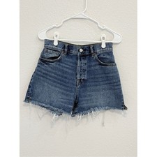 PacSun High Rise Icon Short Medium Wash Denim Frayed Hem Button Fly Size 27"