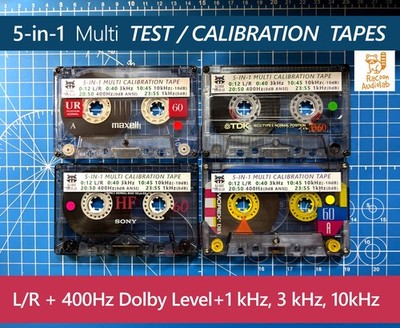 5-in-1 Test/Calibration cassette tape: L/R,level,speed,azimuth. TDK-Sony-Maxell+