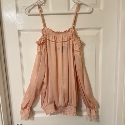 BCX Womens Top Blouse Off Shoulder Straps Sheer Pink Lace Large
