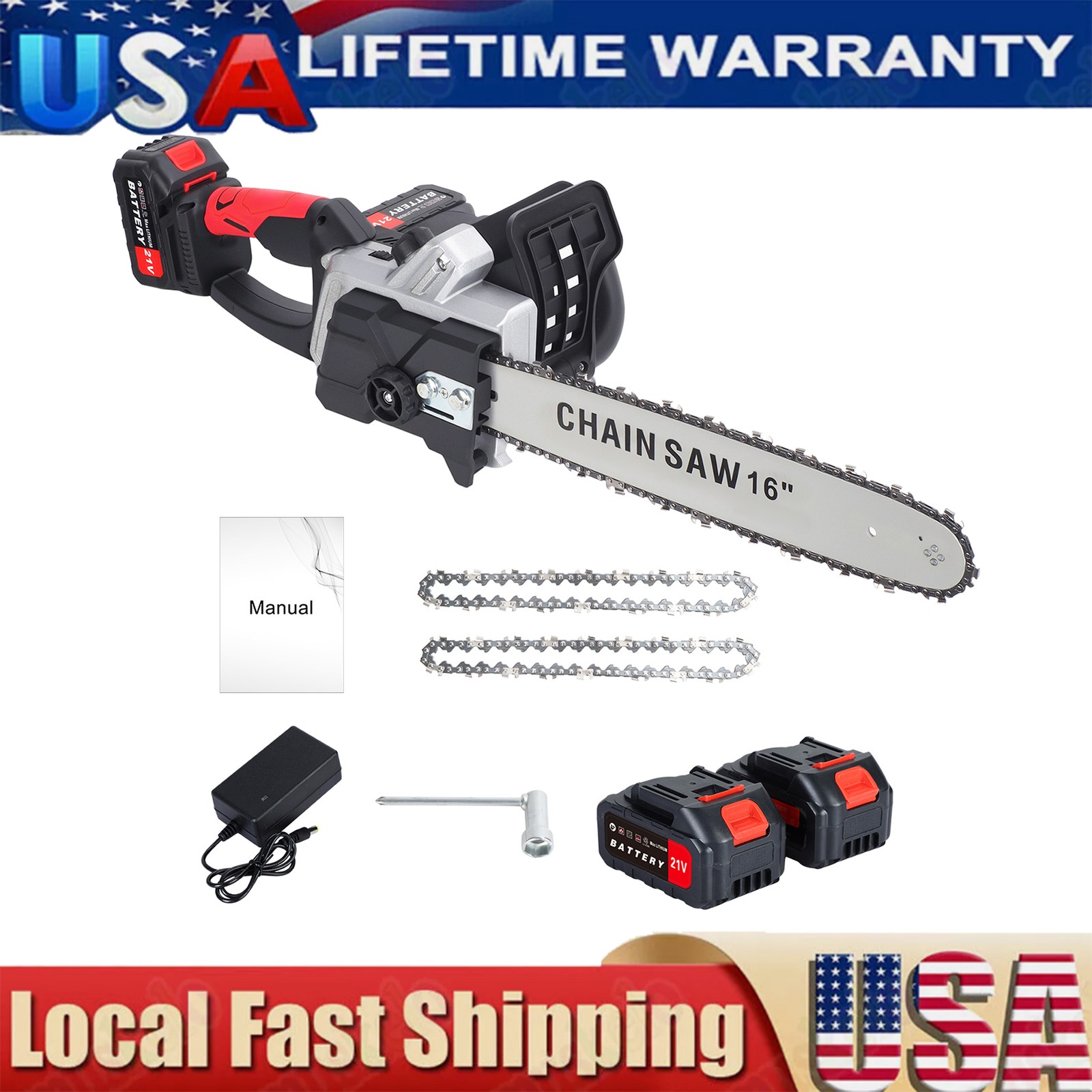 80V 16 inch Cordless Chainsaw 1800W Brushless Motor w/2 chains + 2 Batteries