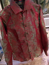 A Barry.Wang men's dress shirt With a red and green paisley jacquard pattern.