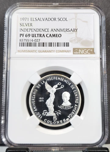 1971 EL SALVADOR SILVER 5 COLONES S5C INDEPENDENCE NGC PF 69 ULTRA CAMEO TOP POP