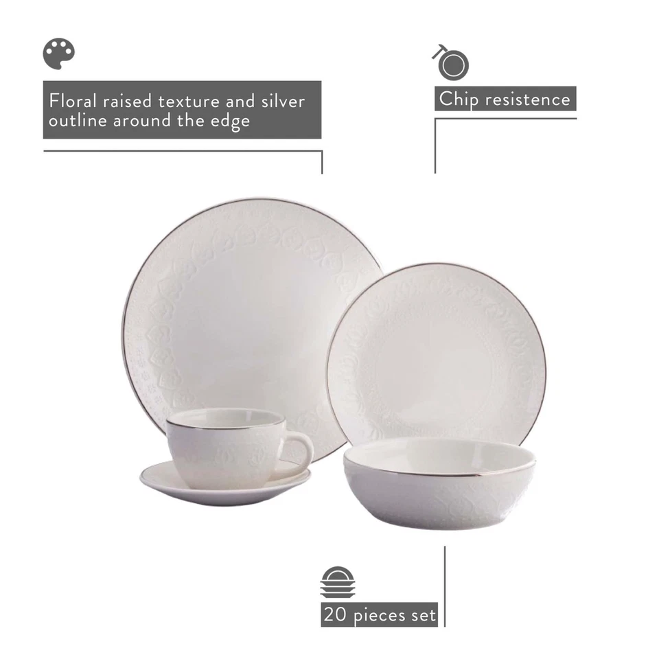 Vajilla de cerámica Corona 20 piezas borde plateado elegante estampado floral en relieve... Foto 2 de 4