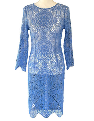 Roberto Verino Blue Guipure Lace Midi Sheath Dress Scalloped Hem size S