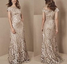 Women's Tadashi Shoji Odette Gold Sequin Lace Formal Maxi Gown BHLDN Size 6