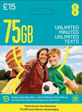 EE 75GB Data Sim includes £15 pre paid credit 75GB Data Unlimited Minutes &