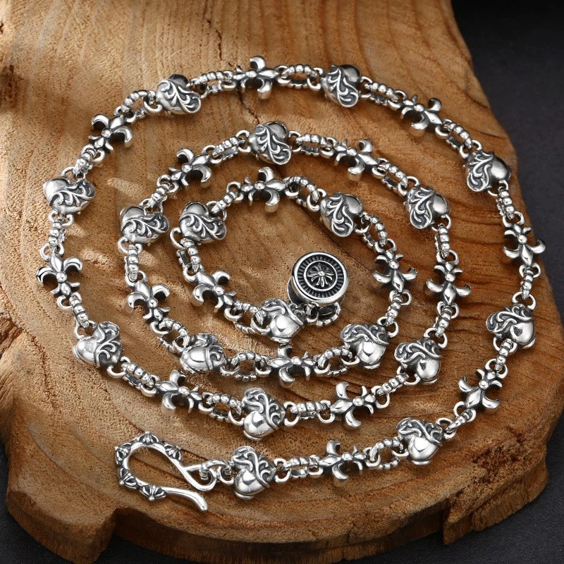 Collar gótico flor de lis y corazón, cadena pesada de plata S925, joyería para hombre Foto 2 de 4