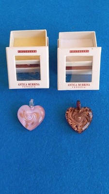 2 x vintage Voltolina Murano Glass Hearts Pendants Antica Murrina Venezia boxes 