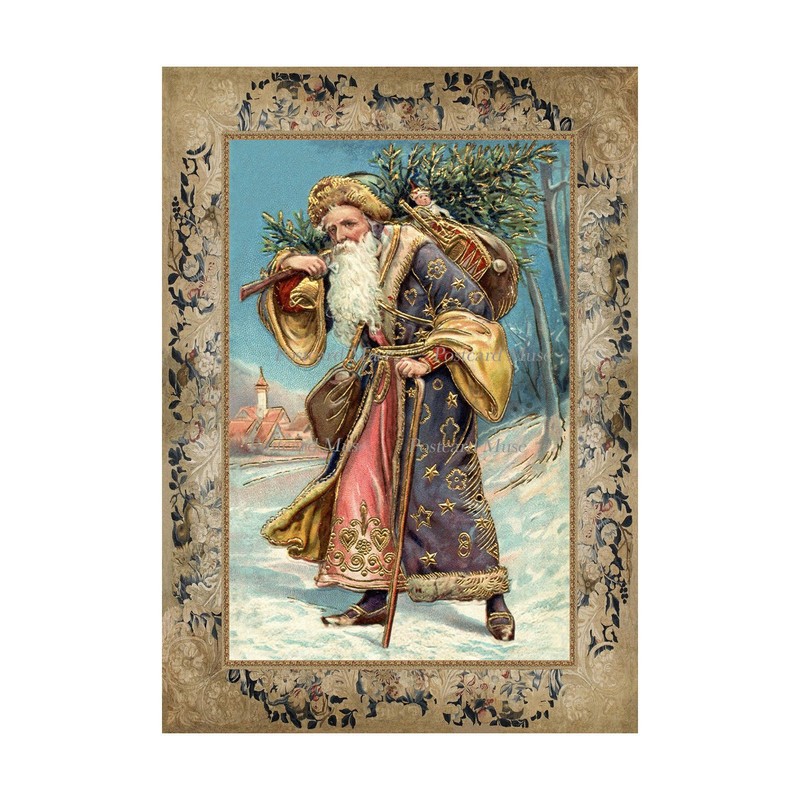 Victorian Purple Robe Santa With A Christmas Tree Cotton Fabric Sewing Applique