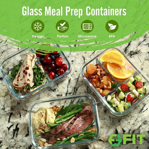 1 & 2 & 3 Compartment Glass Meal Prep Containers with BEIGE Lids (3 Pack, 35 oz) - Picture 2 of 7