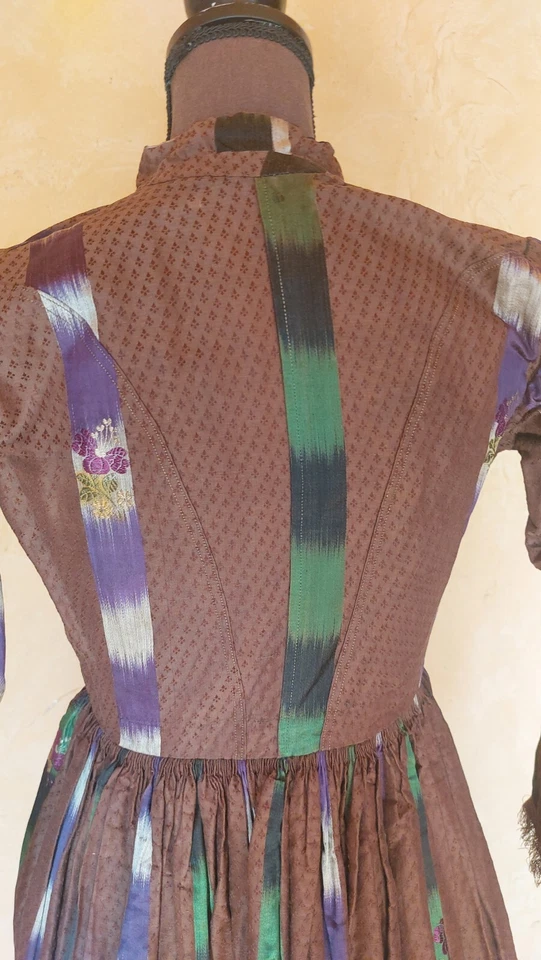 Rare 1860s Dress handmade W/Ikat Material, Fringed Sleeves. SM XS - Image 4 of 4