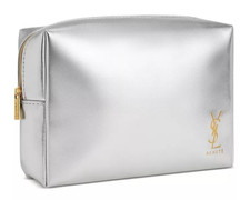 Yves Saint Laurent YSL Silver Faux Leather Makeup Bag Clutch Libre Pouch Case
