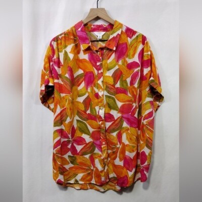 Time and Tru Linen Blend Floral Button Shirt Womens XXL Red Orange Boho