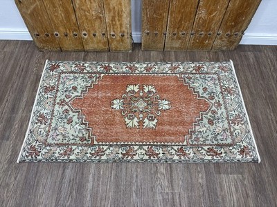 3x5 Terracotta Green Vintage Turkish Accent Rug, Hand-Knotted Woo Entryway Rug
