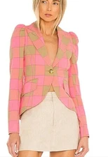 Smythe Pouf Sleeve One Button Blazer in Pink Check Pink Check Size 14