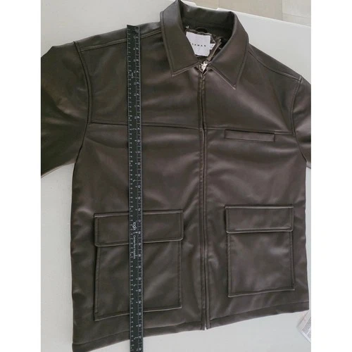 Topman Mens Dark Brown Faux Vegan Leather Trucker Jacket Size S Quilted Lined image 7
