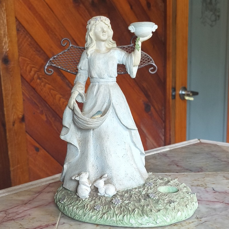 Fantasy Fairy Figurine with Rabbits and Basket Decorative Collectible Statue