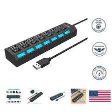 Compact 7-Port USB 2.0 Hub: Safe, Fast Data Transfer with Stylish Black Finish
