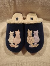 LANDS' END Scuff Slippers Blue With Cats Felt Faux Fur Women's Size 8