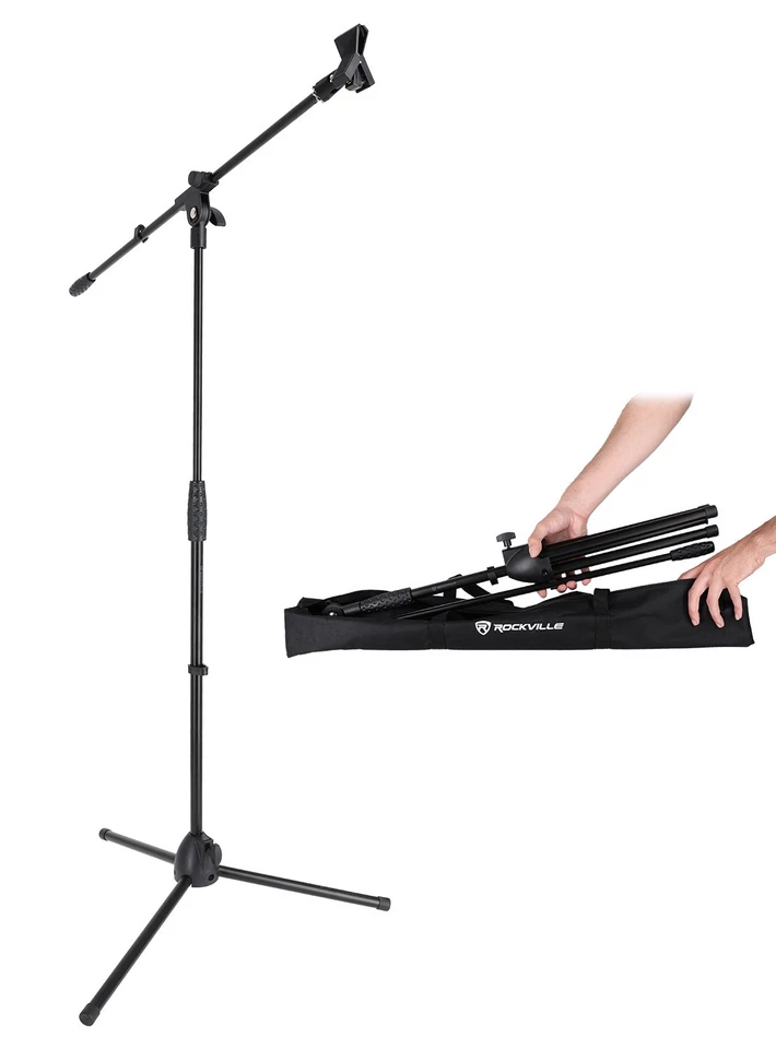 Rockville RVMIC50 Soporte de Micrófono Portátil Resistente con Brazo de Pluma, Bolsa de Transporte, Ajustable
