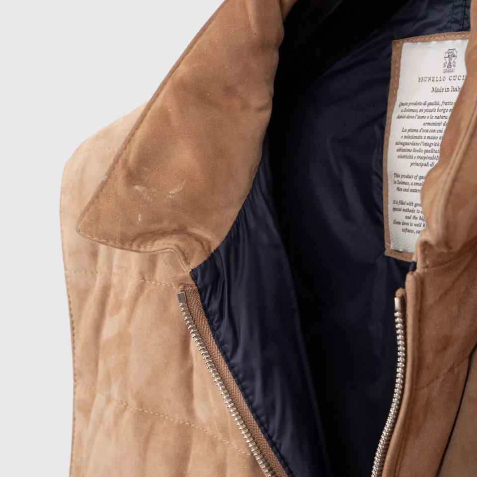 Brunello Cucinelli Suede Vest Size XL Tan Padded Goose Down Gilet - Image 3 of 4