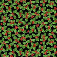 By The Yard, Christmas Holly Sparkle Black Cotton, $3.99 Ships ANY Amount Fabric