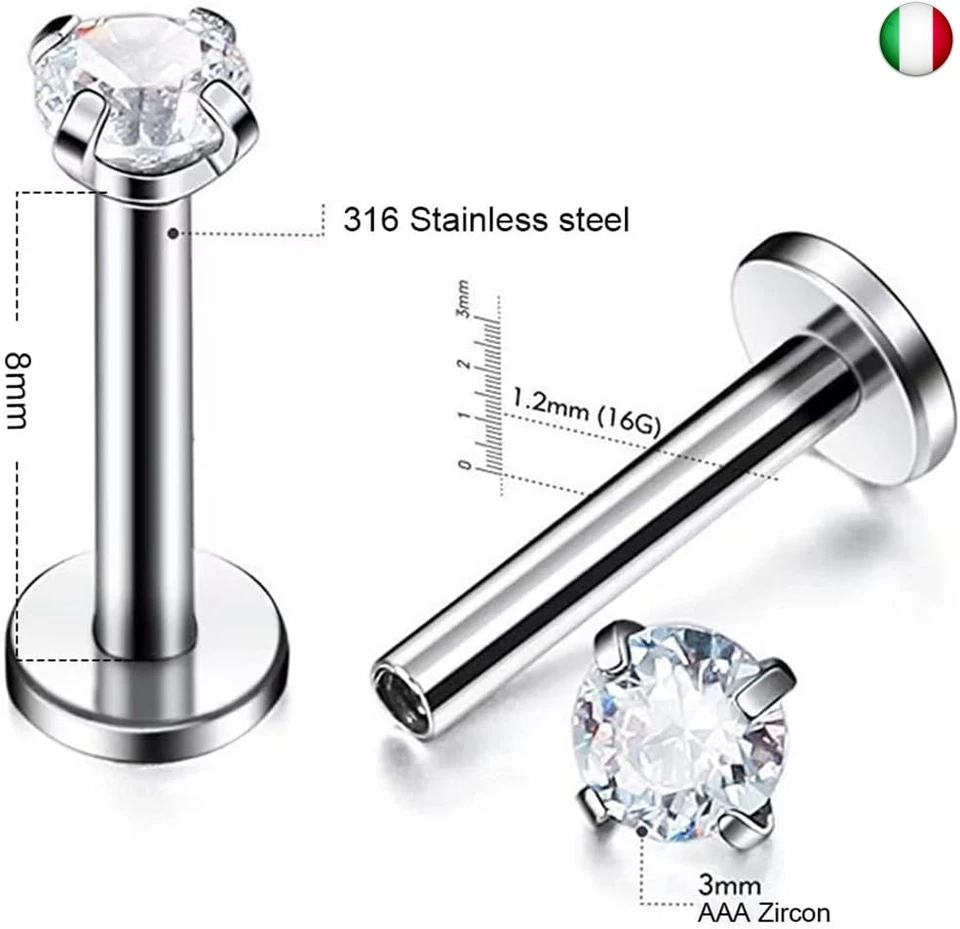 LIUJZZJ 4 Pezzi Piercing Labbro Acciaio Chirurgico Bottone Trago Helix - Immagine 2 di 4