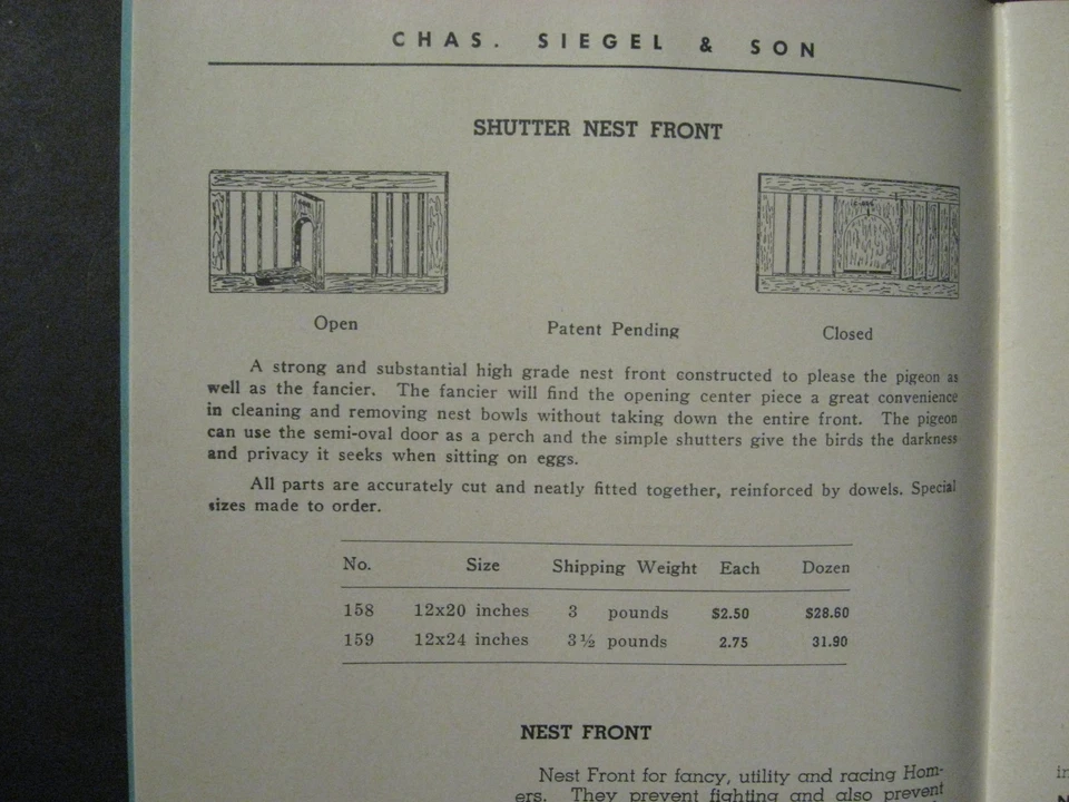 CHAS. SIEGEL &amp; SON America's Largest Line of Pigeon Supplies  Catalog D 1940s | eBay