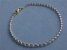 10" TWO TONE ANKLE BRACELET TWISTED SHIMMERY GOLD/STERLING SILVER  ITALY 925